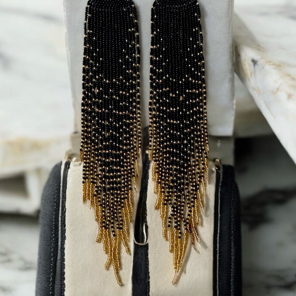 Dramatic Black and Gold Hand Beaded Cascade Earrings - Picture 8 of 16